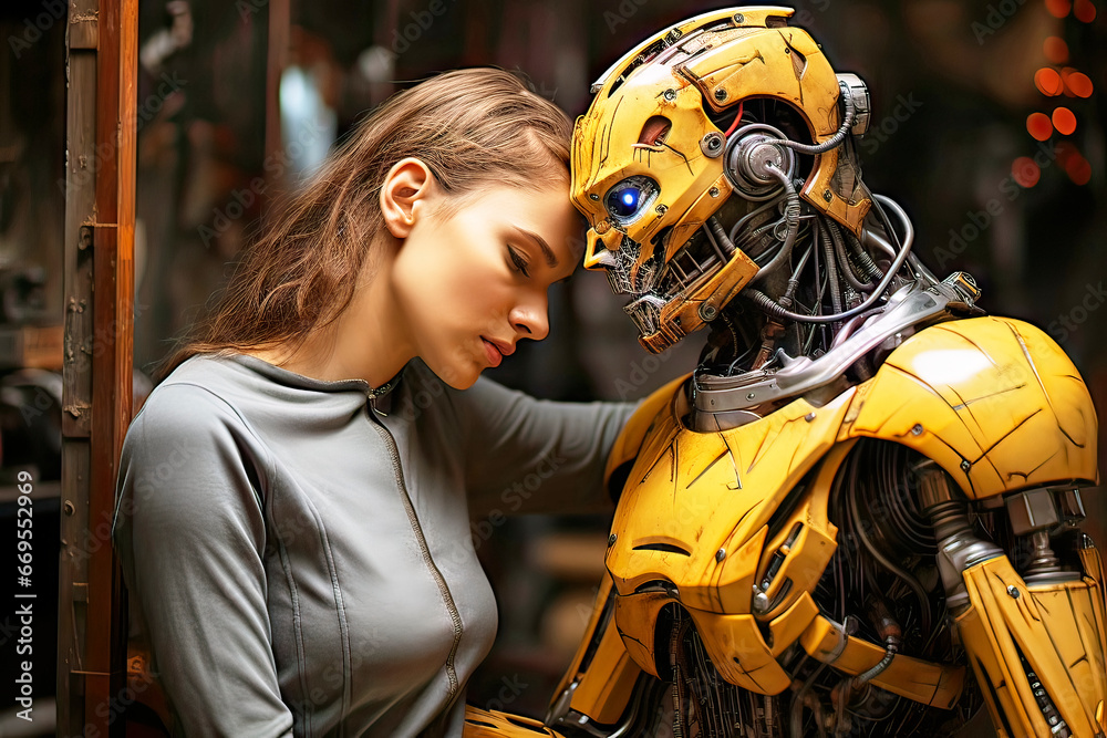 Woman in gray tracksuit leans with closed eyes trustingly against a yellow android robot