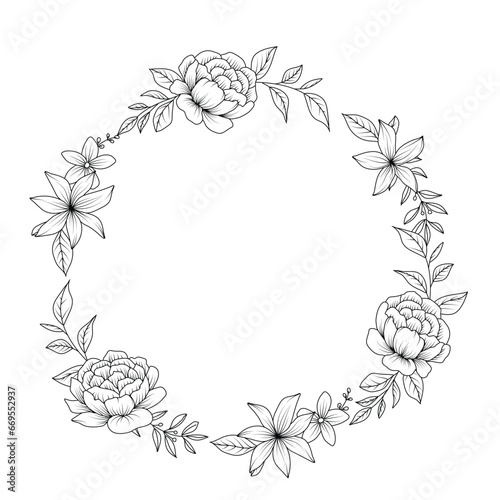 Flower Frame. Hand drawn Botanical vector illustration. Black and white wreath.