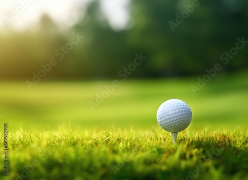 Golf ball on a stand on a grass background