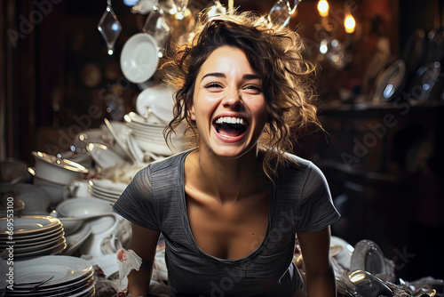Wildly laughing woman with an open mouth and unkempt hair in front of a massive pile of kitchenware, concept of housework