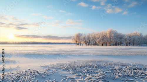 A snow-covered field lies in the foreground, its untouched beauty almost ethereal in the light of the setting sun A few trees are visible in the background, their branches bowed under the snow