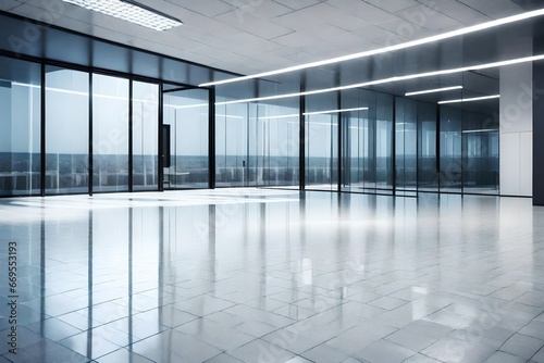 an empty office space with glass doors and white tiles on the floor, there is no one person in the room