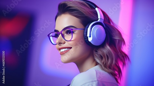 Young hipster girl, a fashionable model adorned with stylish glasses and headphones, joyfully listens to a new cool music mix. standing in front of a purple studio background.
