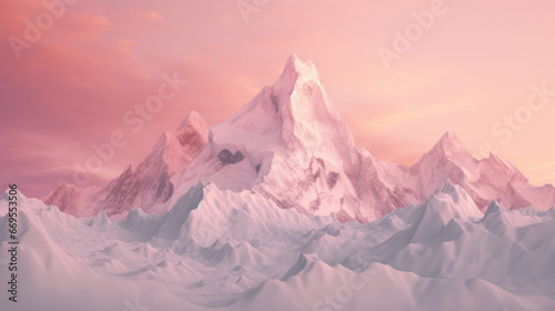 A snow-capped mountain peaks, the sky above it filled with hues of pink and orange