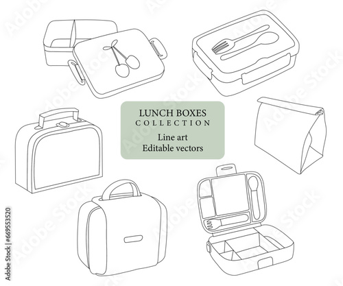 Set of hand drawn editable vector line art illustrations of lunch boxes and food containers photo