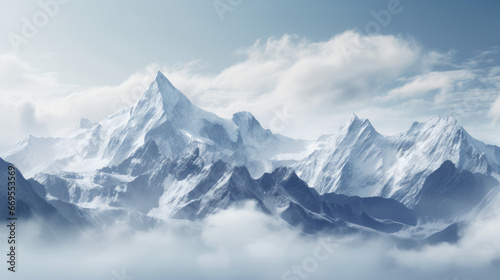 A snow-capped mountain range shrouded in mist