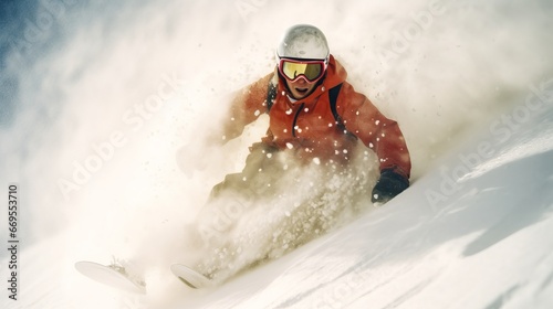 Snowboarder Carving Through Fresh Powder on Steep Backcountry Slope