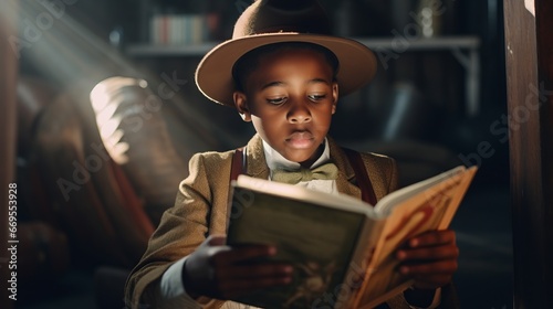 Young Black Boy Reading Book on Historical Figures