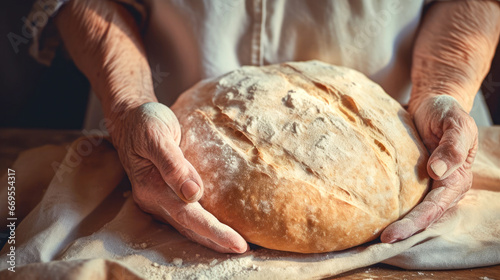 Elderly woman's hands holding a freshly baked loaf of bread