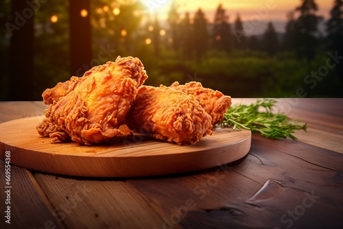 Fried chicken crunchies with honey melted on a wooden table, Generative AI photo