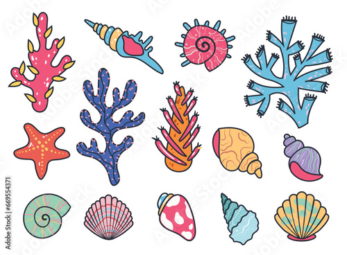 Sea shell starfish snail seashell crustacean ocean life isolated set. Vector graphic design element illustration