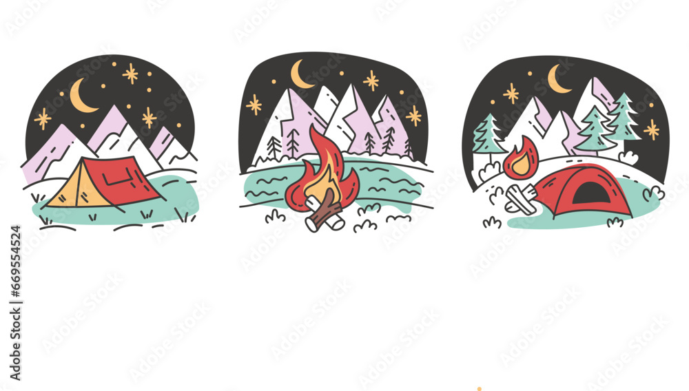 Camp night fire tent mountain campfire forest concept. Vector flat graphic design illustration
