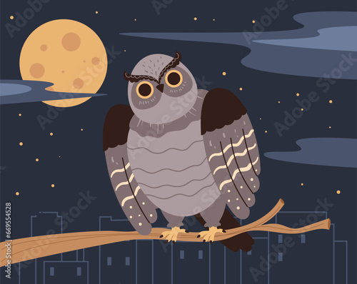 Owl bird night sitting on branch dark city concept. Vector flat graphic design illustration
