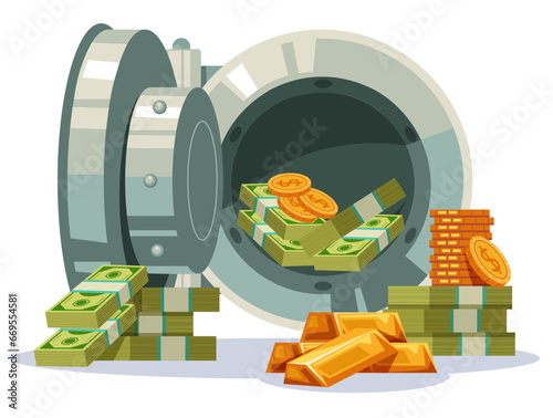 Safe bank full of money investment box financial safety concept. Vector graphic design element illustration