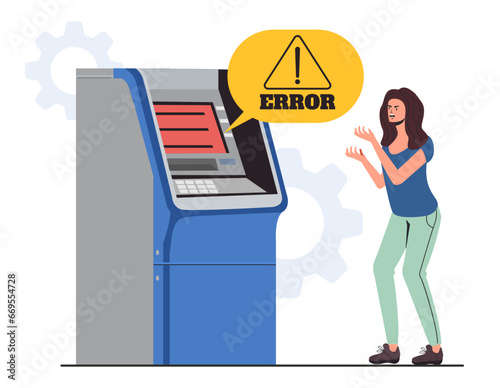 ATM bank terminal machine error account and angry people concept. Vector flat graphic design illustration