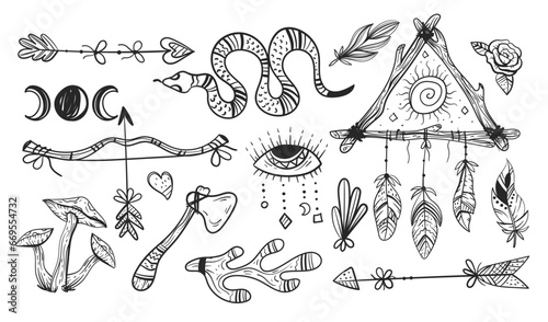 Native american boho indian tribal esoteric isolated set. Vector flat graphic design illustration