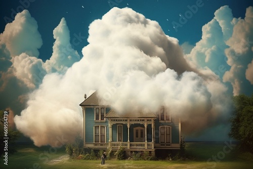 An unusual artwork featuring a dreamlike white and blue cloud hovering above a vintage house. Generative AI