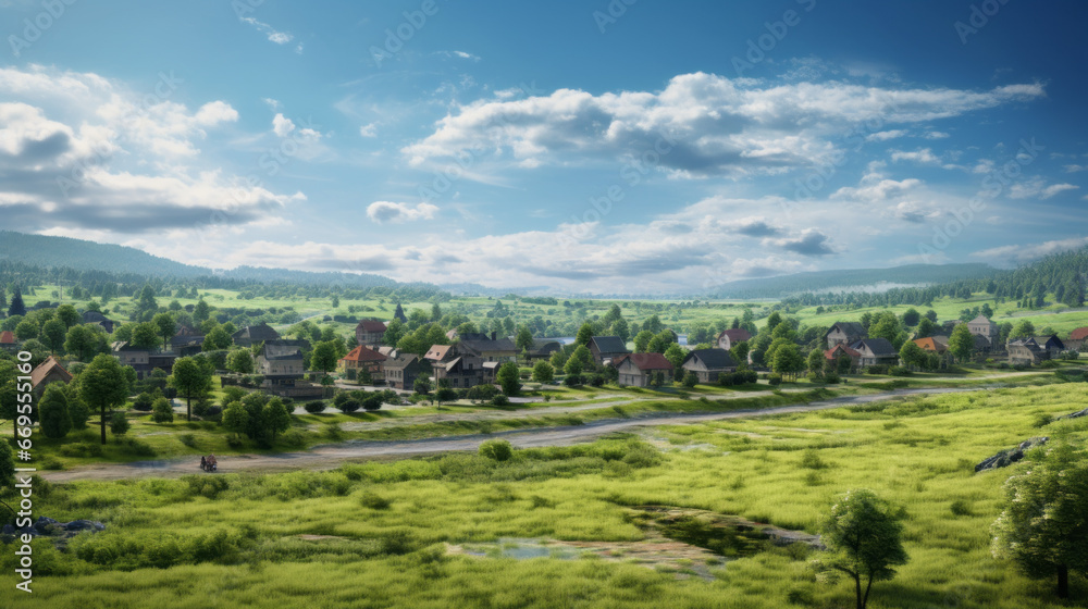 A small town, with a mix of buildings of varying styles and sizes, surrounded by a lush green landscape