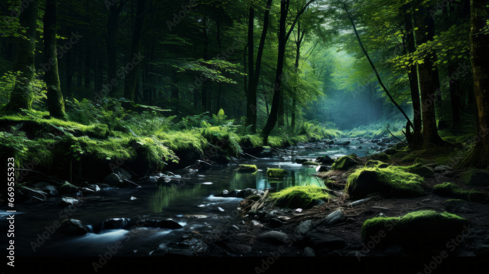 A small stream trickles through the forest, its gentle babbling providing a calming backdrop to the night A small stream trickles through the forest, its gentle babbling providing a calming backdrop to the night