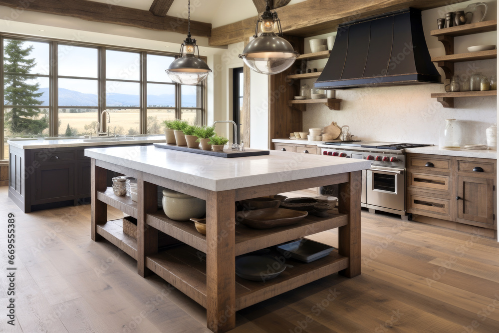 Fototapeta premium interior of new luxury house, kitchen and dining room with beautiful mountain view