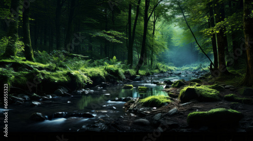 A small stream trickles through the forest, its gentle babbling providing a calming backdrop to the night