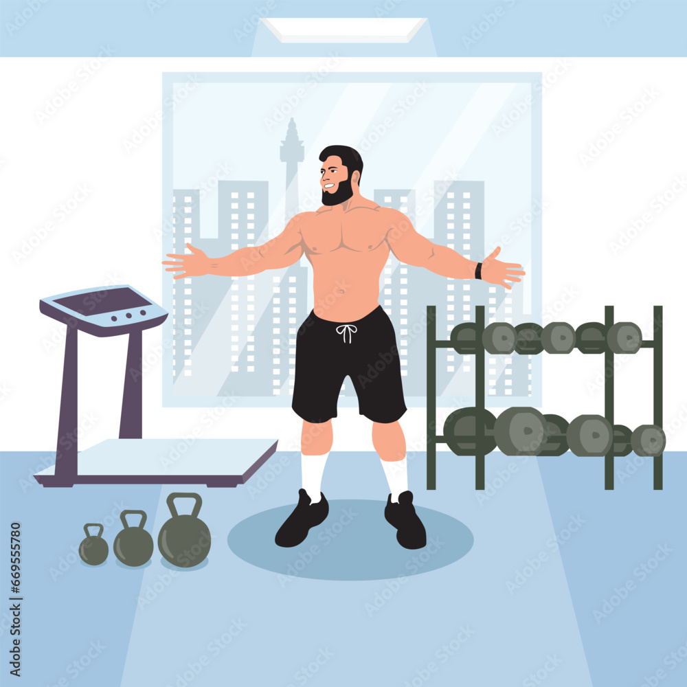 Fototapeta premium Man doing exercises in the gym. Vector illustration in flat style.