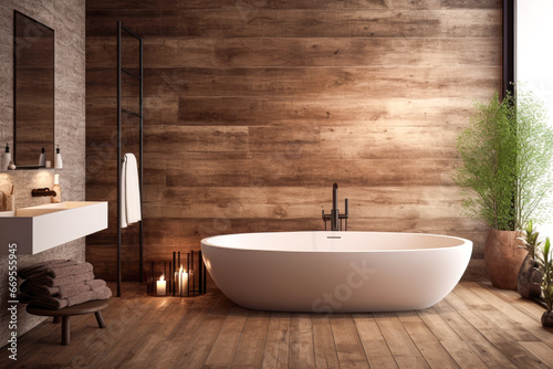 Interior of modern bathroom with wooden walls  tiled floor  comfortable white bathtub and wooden bathtub.