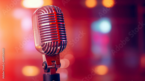Audio recording studio microphone on stage for voiceovers or karaoke.