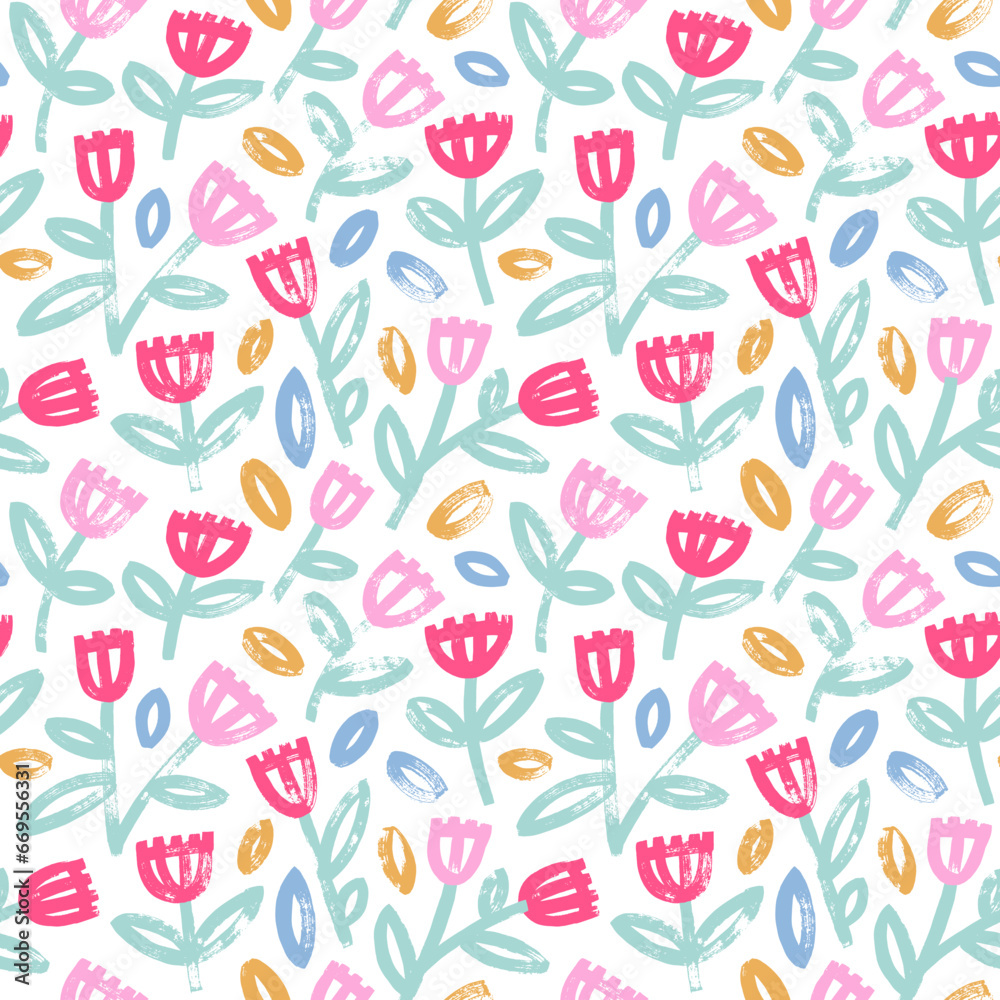 Pastel colored spring seamless pattern with wild flowers.