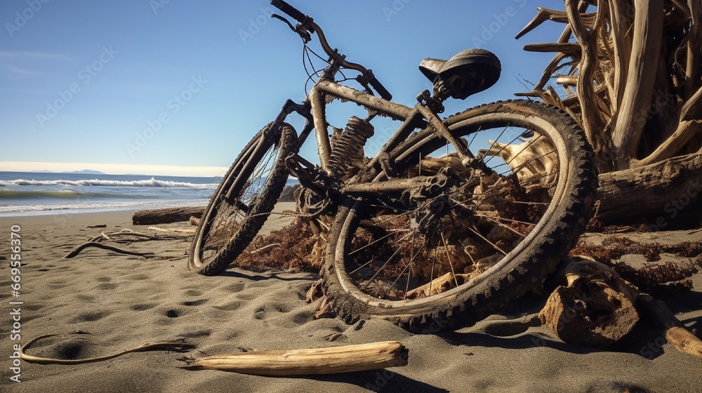 Fototapeta premium A sunny day at the beach with a bicycle near the ocean. generated by AI tool 
