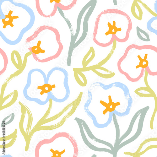Pastel colored botanical seamless pattern with orchid and hibiscus flowers.