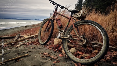 A sunny day at the beach with a bicycle near the ocean. generated by AI tool 