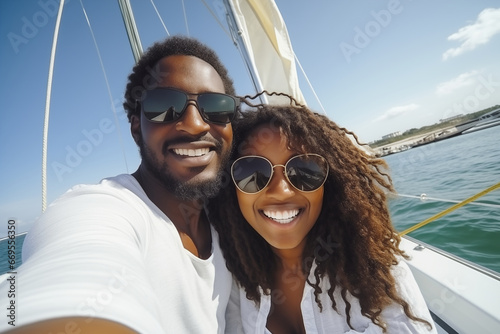 Beautiful couple takes a selfie on a yacht