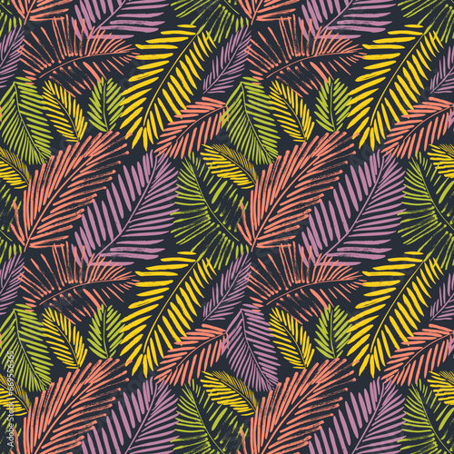 Brush drawn colorful palm leaves seamless pattern.
