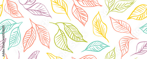 Colorful linear leaves seamless banner design.