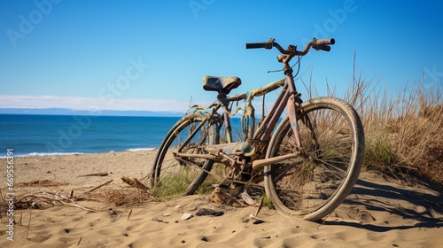 A sunny day at the beach with a bicycle near the ocean. generated by AI tool  © Aqsa