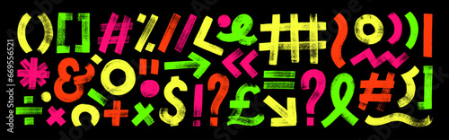 Neon colored punctuation signs drawn with a bold brush.