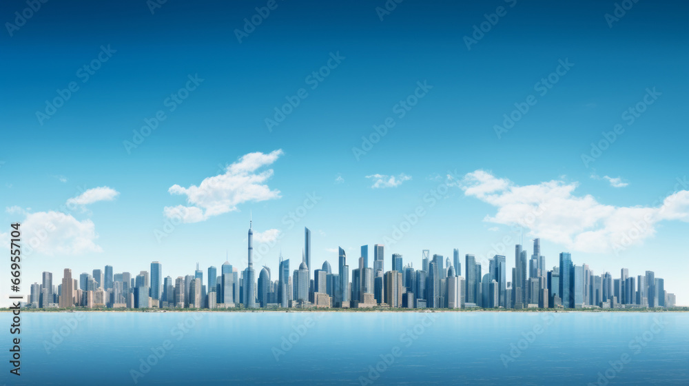 A skyline of tall buildings, stretching out in a line across a horizon of distant hills