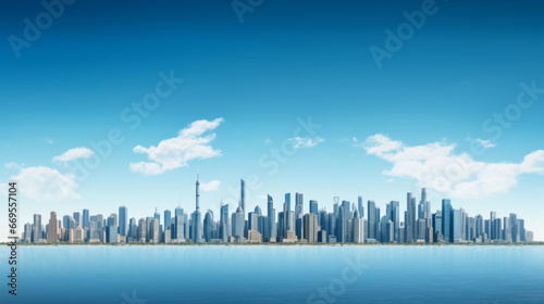 A skyline of tall buildings, stretching out in a line across a horizon of distant hills © Textures & Patterns
