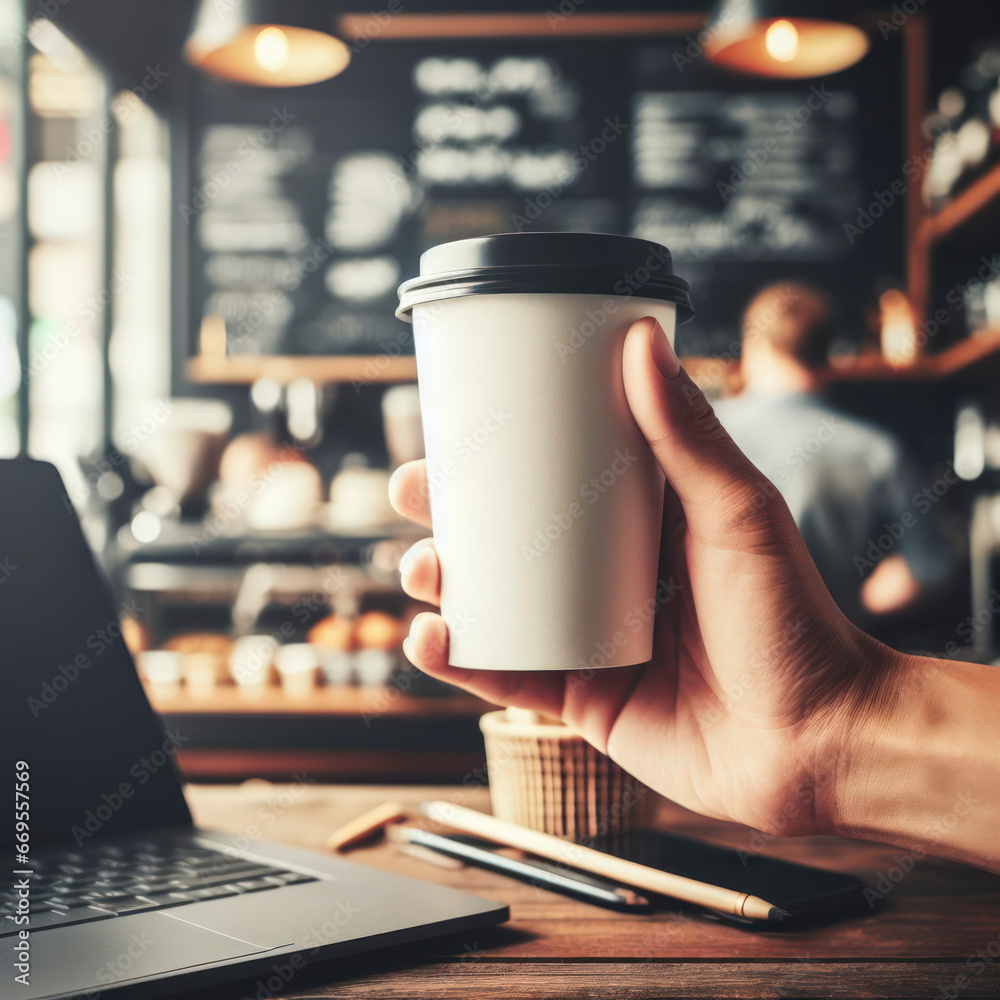 Hand holding a blank to go coffee cup coffee. ai generative Hand holding a blank to go coffee cup coffee. ai generative