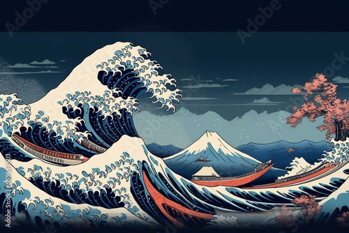 Digital artwork depicting Hokusai's iconic print 'Offshore from Kanagawa' in 'Thirty-Six Views of Mount Fuji' series, renamed Iitsu. Generative AI photo