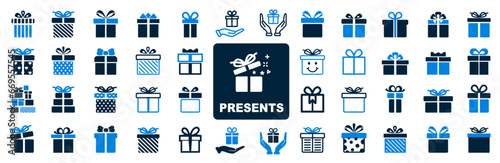 Present box set icons, collection gift signs, surprise present box isolated - stock vector