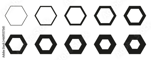 Hexagon set from thin to thick line, set of geometric shapes form, hexagon icons collection, different version - stock vector