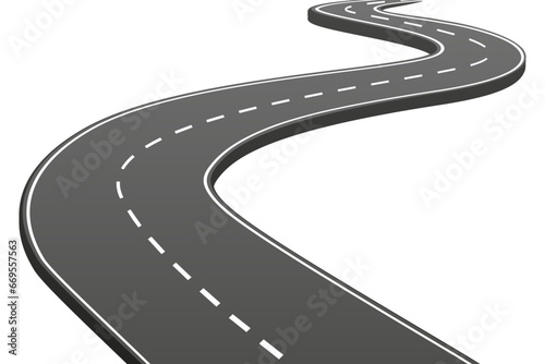 Winding road isolated on transparent background, curved road with white lines, bending traffic road to horizon in perspective, winding empty asphalt highway - stock vector