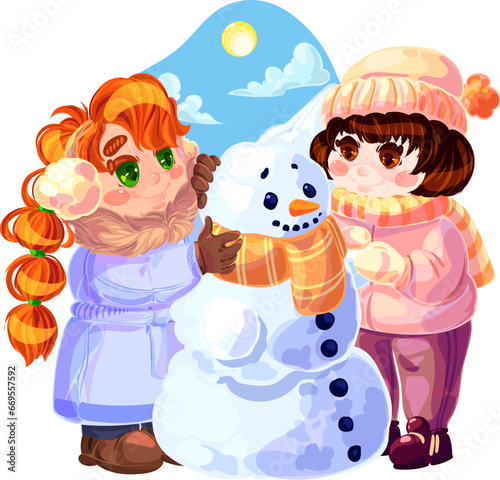 two cute girls make a snowman together