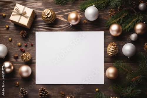 White sheet of paper surrounded by Christmas tree ornaments and gifts, creating a festive atmosphere of Christmas or New Year. Suitable for greeting cards or congratulations.