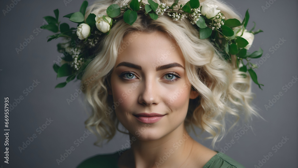 portrait of a young cheerful woman with a hairstyle decorated with a flower wreath on her head on a background,generative ai