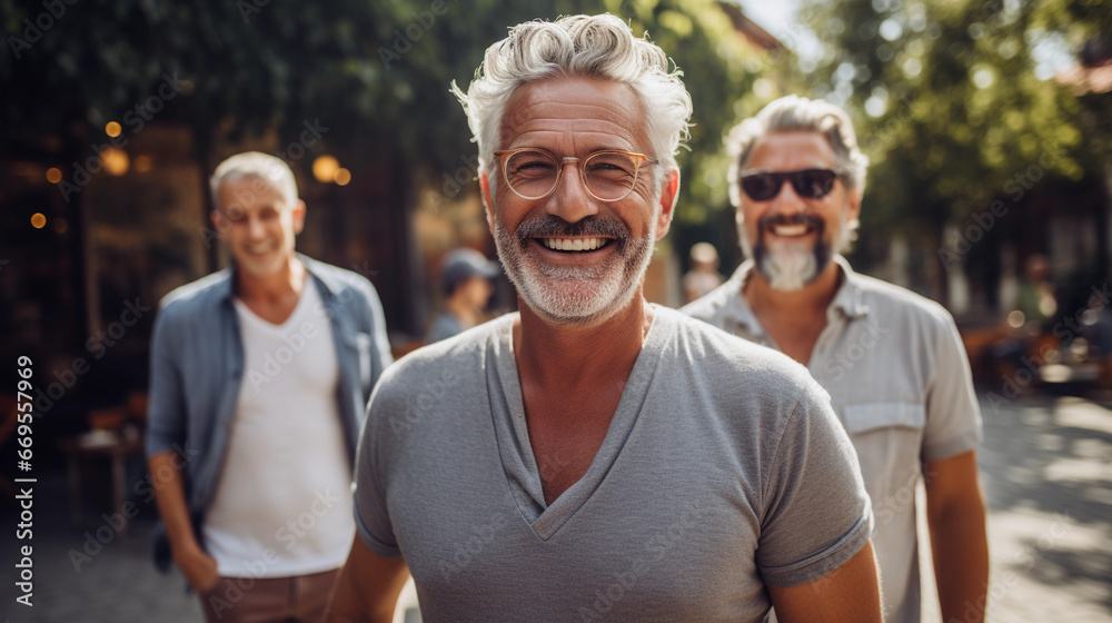 Portrait of happy smiling mature men celebrating life outside Portrait of happy smiling mature men celebrating life outside