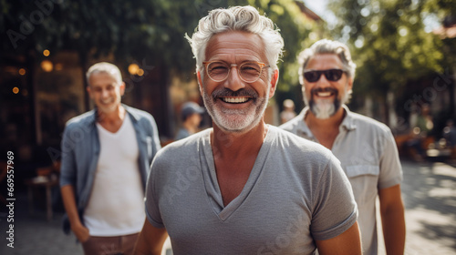 Portrait of happy smiling mature men celebrating life outside