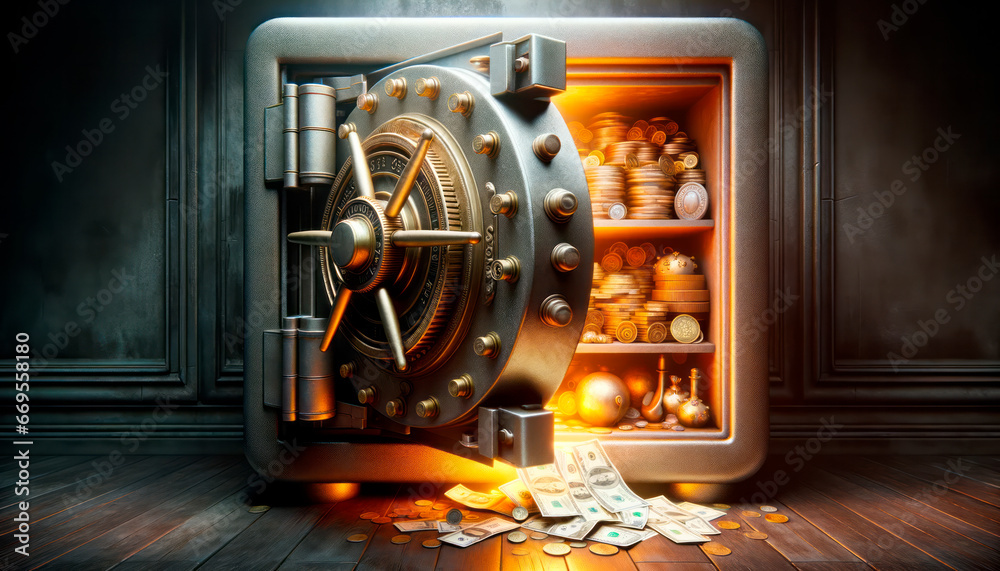 Bank safe with money and gold coins. Generative AI - obrazy, fototapety, plakaty 
